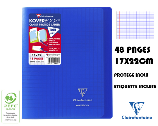 Petit cahier 17x22 grands carreaux polypro bleu 48 pages