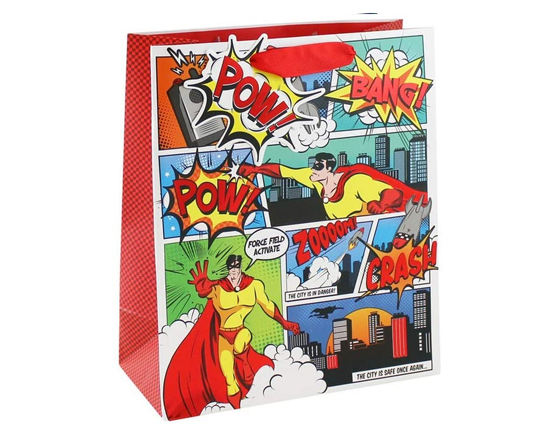 Sac papier cadeau BD - Comics Super héros avec étiquette message